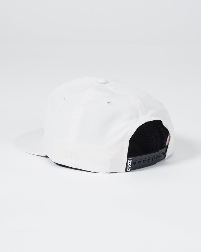 Kingz Crown Patch 5-Panel Strapback Hat Natural - Back View White Hat Black Adjustable Strap Kingz Text Tag Casual Design BJJ Training Apparel [color:White]