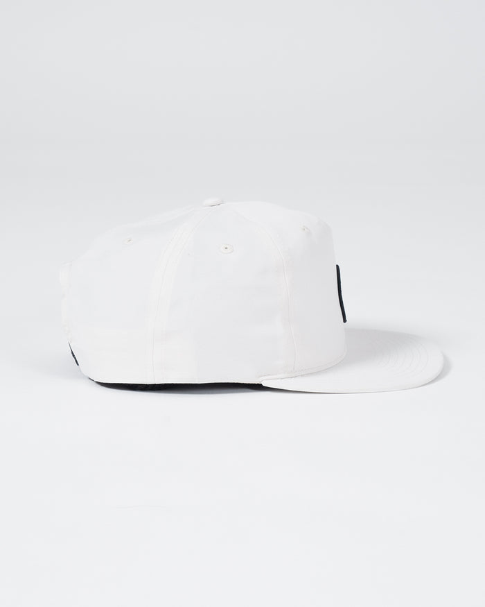 Kingz Crown Patch 5-Panel Strapback Hat - White - Side View Natural Color Crown Patch Front Adjustable Strapback Flat Brim Casual Fit BJJ Training Hat [color:White]
