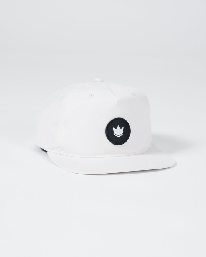 Kingz Crown Patch 5-Panel Strapback Hat White - Angled Front View Black Circle Crown Patch Centered Front Panel Natural White Fabric Casual Headwear [color:White]