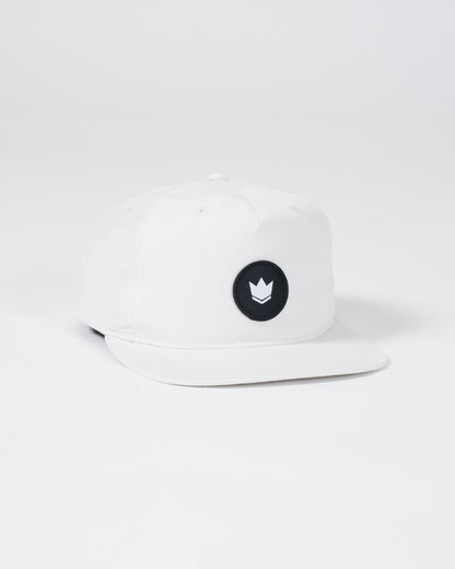 Kingz Crown Patch 5-Panel Strapback Hat White - Angled Front View Black Circle Crown Patch Centered Front Panel Natural White Fabric Casual Headwear [color:White]