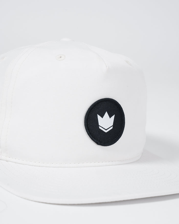 Kingz Crown Patch 5-Panel Strapback Hat White - Close-Up Detail View Black Crown Badge Front Panel Natural Color BJJ Training Hat [color:White]