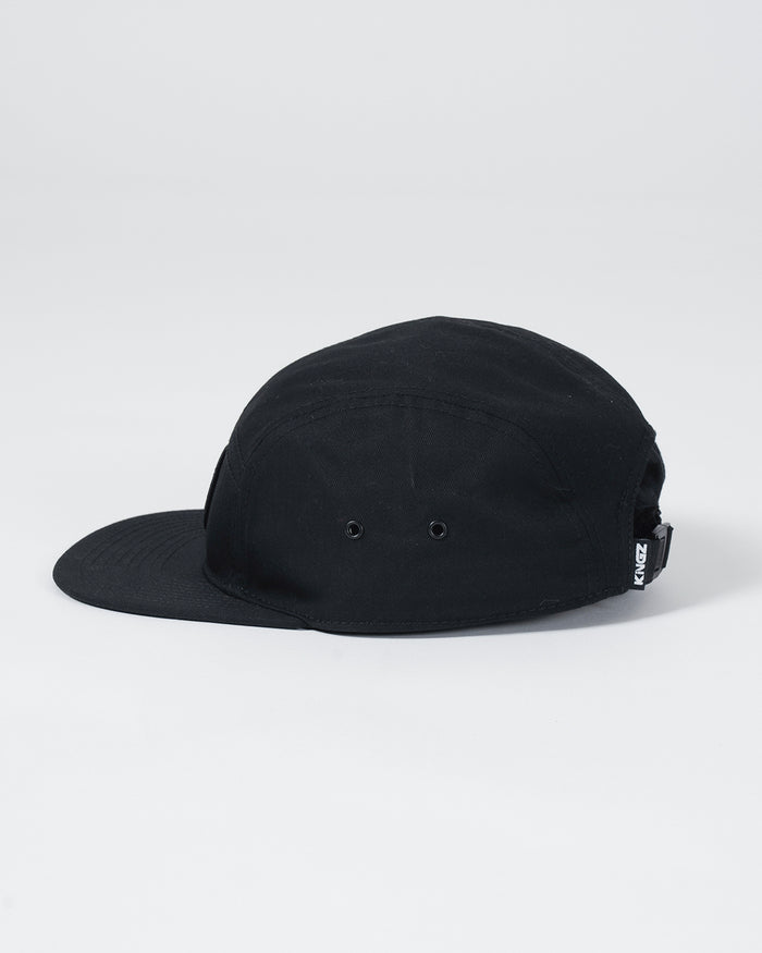 Kingz Crown Patch Strapback Hat - Black - Side View Black Hat Ventilation Eyelets KINGZ Text Tag Back Strap Casual Fit BJJ Training Apparel [color:Black]