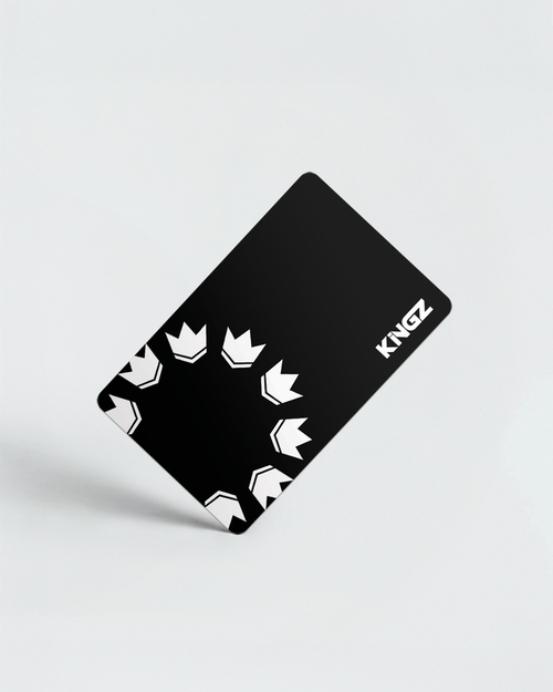 Kingz e-Gift Card Black - Angled View Black Card White Crown Pattern KINGZ Text Diagonal Design Gift Card BJJ Gear Apparel