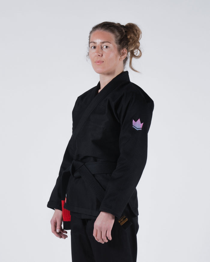 Kingz Empowered Women's Jiu Jitsu Gi Black - Front View Female Athlete Black Gi Pink Crown Badge Left Sleeve Black Belt Red Patch Durable Fabric BJJ Gi Training [color:Black]