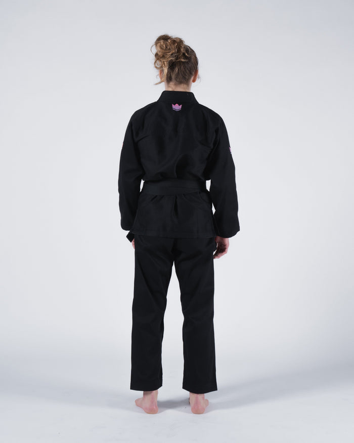 Kingz Empowered Women's Jiu Jitsu Gi Black - Back View Female Athlete Pink Crown Logo Upper Back Solid Black Design Tailored Fit BJJ Gi Training Apparel [color:Black]