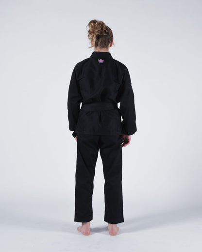 Kingz Empowered Women's Jiu Jitsu Gi Black - Back View Female Athlete Pink Crown Logo Upper Back Solid Black Design Tailored Fit BJJ Gi Training Apparel [color:Black]