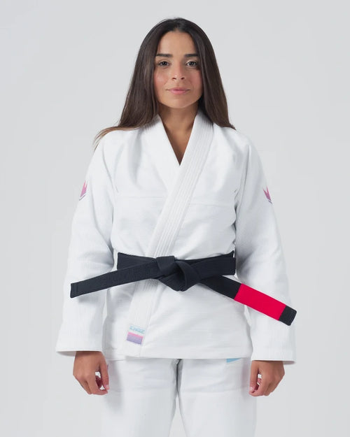Kingz Empowered Women's Jiu Jitsu Gi White - Front View Female Athlete Pink Crown Shoulder Patches Black Belt KNGZ Tag Lapel Clean Design Durable Fabric BJJ Gi Training [color:White]