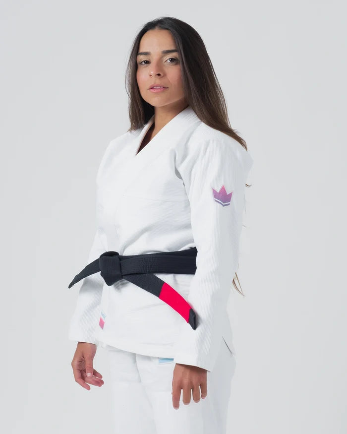 Kingz Empowered Women's Jiu Jitsu Gi - White - Front View Female Athlete White Gi Pink Crown Badge Left Sleeve Black Belt Contrast Stitching Premium BJJ Training Gi [color:White]