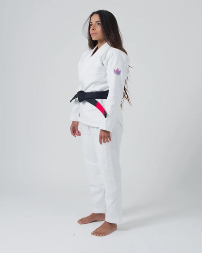 Kingz Empowered Women's Jiu Jitsu Gi - White - Full Body Side View Female Athlete Pink Crown Sleeve Patch Black Belt Contrast Stitching Durable Fabric BJJ Gi Training Apparel [color:White]