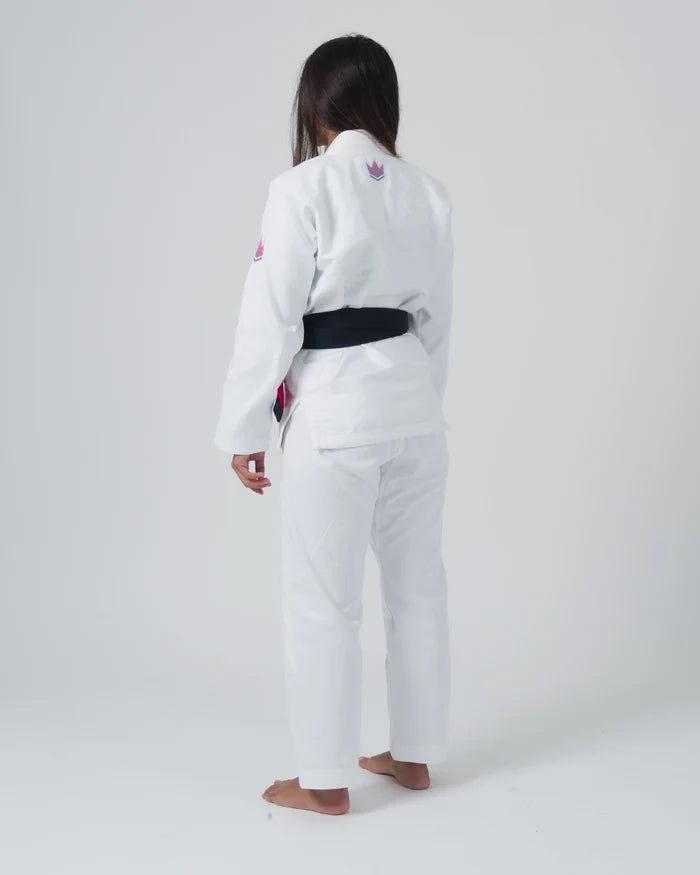 Kingz Empowered Women's Jiu Jitsu Gi White - Back View Female Athlete Pink Crown Badge Upper Back Black Belt Classic Fit Durable Fabric BJJ Gi [color:White]