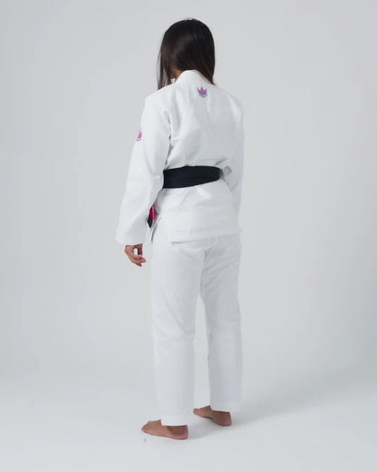 Kingz Empowered Women's Jiu Jitsu Gi White - Back View Female Athlete Pink Crown Badge Upper Back Black Belt Classic Fit Durable Fabric BJJ Gi [color:White]