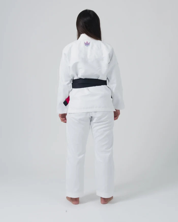 Kingz Empowered Women's Jiu Jitsu Gi - White - Back View Female Athlete White Gi Pink Crown Badge Upper Back Black Belt Contrast BJJ Gi Training Apparel [color:White]