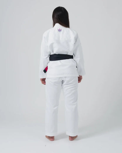 Kingz Empowered Women's Jiu Jitsu Gi - White - Back View Female Athlete White Gi Pink Crown Badge Upper Back Black Belt Contrast BJJ Gi Training Apparel [color:White]