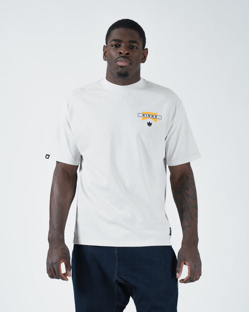 Kingz Flag Tee - Front View - KINGZ Flag Chest Patch Logo - White Pigment Dye Heavyweight BJJ T-Shirt