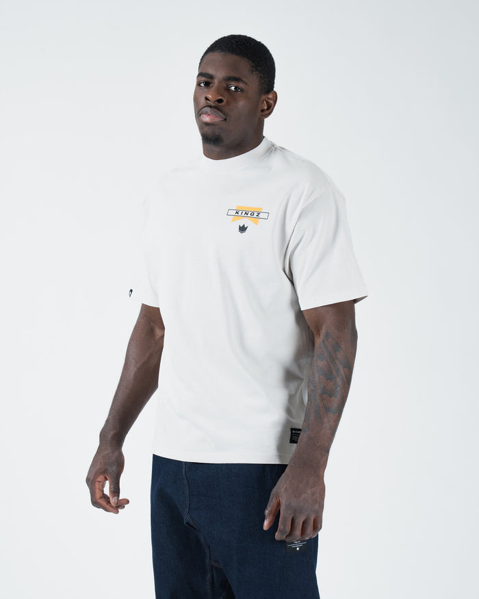 Kingz Flag Tee - Three-Quarter Front View - KINGZ Flag Logo Chest - White Pigment Dye BJJ T-Shirt