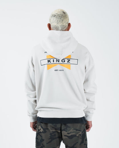 Grey BJJ zip up hoodie back view on adult male model showing centered Kingz Est 2011 flag print