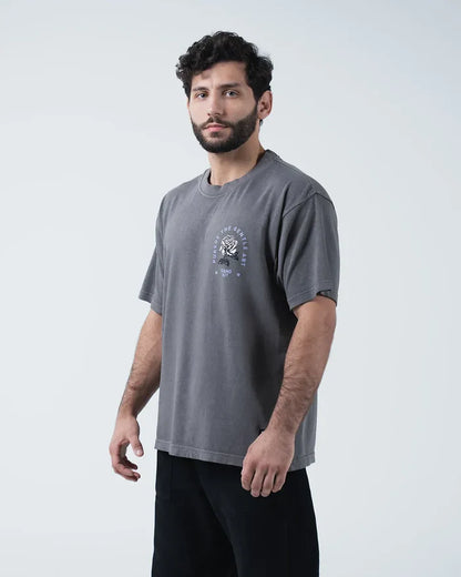 Kingz Gentle Art Tee - Three Quarter View - Rose Chest Graphic Closeup - Grey BJJ Casual Tee [color:Grey]