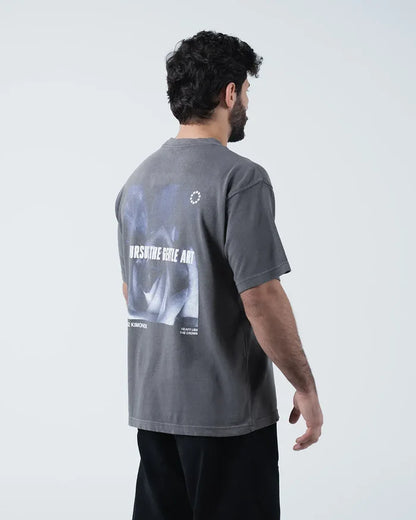 Kingz Gentle Art Tee - Back Three Quarter View - Pursue Gentle Art Back Print - Grey BJJ Tee [color:Grey]