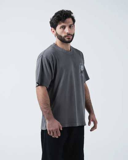 Kingz Gentle Art Tee - Front Angle View - Chest Rose Graphic Detail - Grey Pigment Dye BJJ Tee [color:Grey]