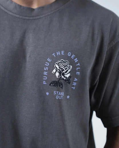 Kingz Gentle Art Tee - Chest Graphic Closeup - Pursue The Gentle Art Rose Stand Out - Grey BJJ Tee [color:Grey]