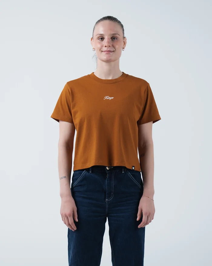 Kingz Women's Heavyweight Tee - Worn View - Kingz Script Chest Embroidery - Vintage Orange Women's BJJ Tee [color:Vintage Orange]