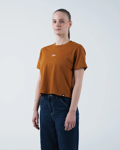 Kingz Women's Heavyweight Tee - Worn View - Boxy Fit Crown Hem Logo - Vintage Orange Women's BJJ Tee [color:Vintage Orange]