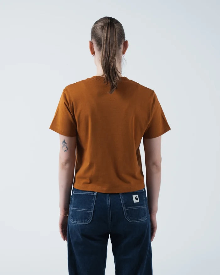 Kingz Women's Heavyweight Tee - Back View - Model Rear Fit and Silhouette - Vintage Orange Women's BJJ Tee [color:Vintage Orange]