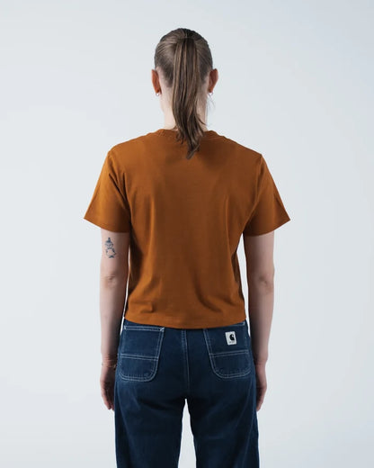 Kingz Women's Heavyweight Tee - Back View - Model Rear Fit and Silhouette - Vintage Orange Women's BJJ Tee [color:Vintage Orange]