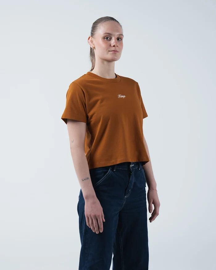 Kingz Women's Heavyweight Tee - Lifestyle Shot - Fitted Front Relaxed Pose - Vintage Orange Women's BJJ Tee [color:Vintage Orange]