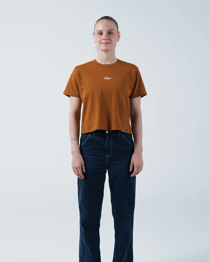 Kingz Women's Heavyweight Tee - Lifestyle Shot - Full Body Front Outfit - Vintage Orange Women's BJJ Tee [color:Vintage Orange]