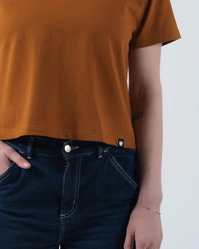 Kingz Women's Heavyweight Tee - Detail Shot - Cropped Boxy Hem and Waist - Vintage Orange Women's BJJ Tee [color:Vintage Orange]