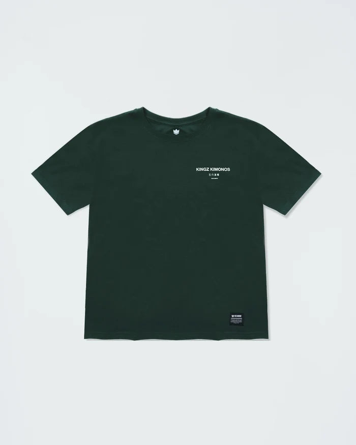 Kingz HQ V2 Youth Tee - Front View - Kingz Kimonos Chest Print - Military Green Youth BJJ Training Tee [color:Military Green]