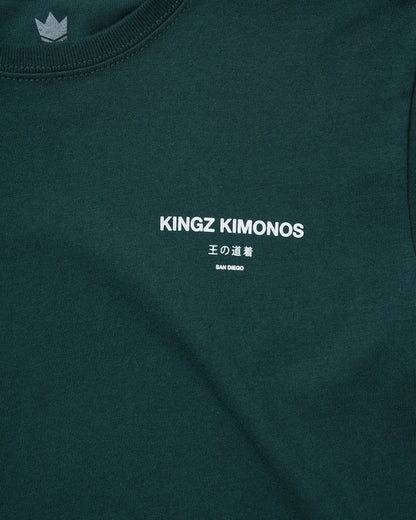 Kingz HQ V2 Youth Tee - Detail Shot - Kingz Kimonos San Diego Print Close-up - Military Green Youth BJJ Tee [color:Military Green]