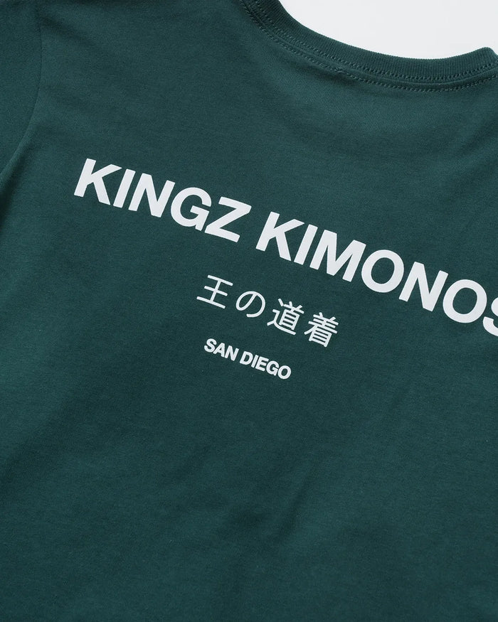Kingz HQ V2 Youth Tee - Print Detail - Kingz Kimonos San Diego Macro View - Military Green Youth BJJ Tee [color:Military Green]