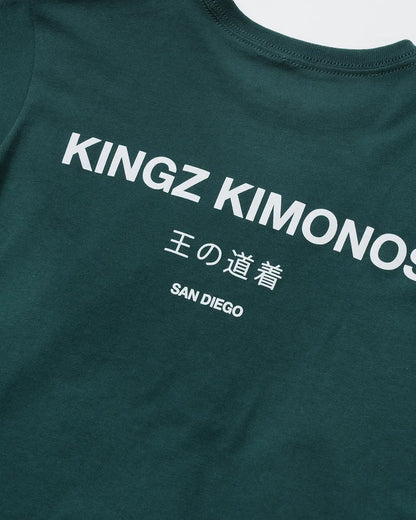 Kingz HQ V2 Youth Tee - Print Detail - Kingz Kimonos San Diego Macro View - Military Green Youth BJJ Tee [color:Military Green]