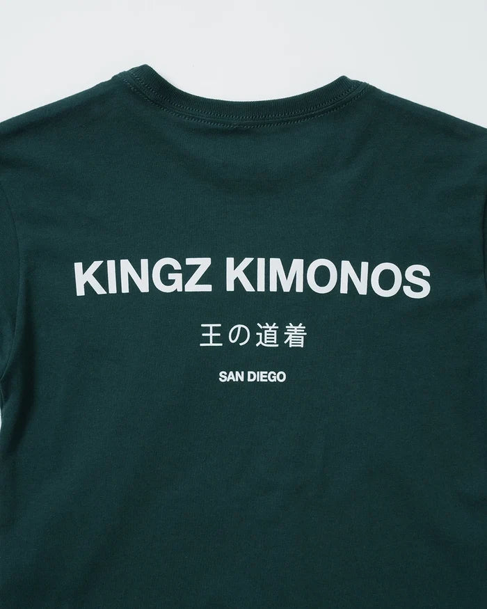 Kingz HQ V2 Youth Tee - Worn View - Kingz Kimonos San Diego Back Graphic - Military Green Youth BJJ Tee [color:Military Green]