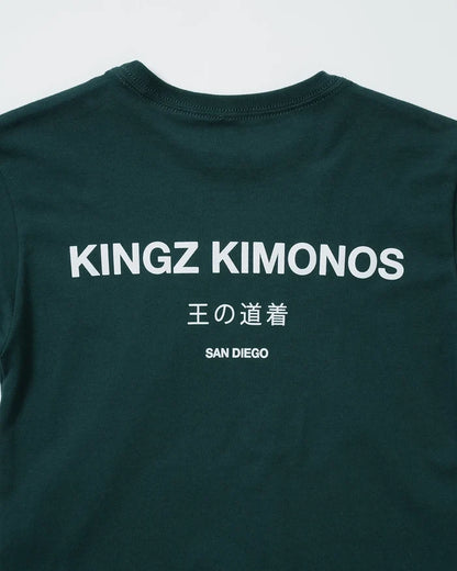 Kingz HQ V2 Youth Tee - Worn View - Kingz Kimonos San Diego Back Graphic - Military Green Youth BJJ Tee [color:Military Green]