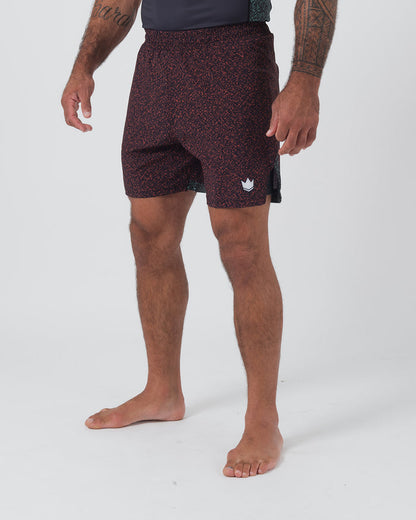 Kingz Hybrid Shorts Noise Red - Full Body Right Side Profile Male Athlete Dark Burgundy Red Noise Speckle Pattern Crown Logo Right Thigh Inner Compression Shorts Visible Side Split Men's Grappling Shorts No-Gi BJJ [color:Noise Red]