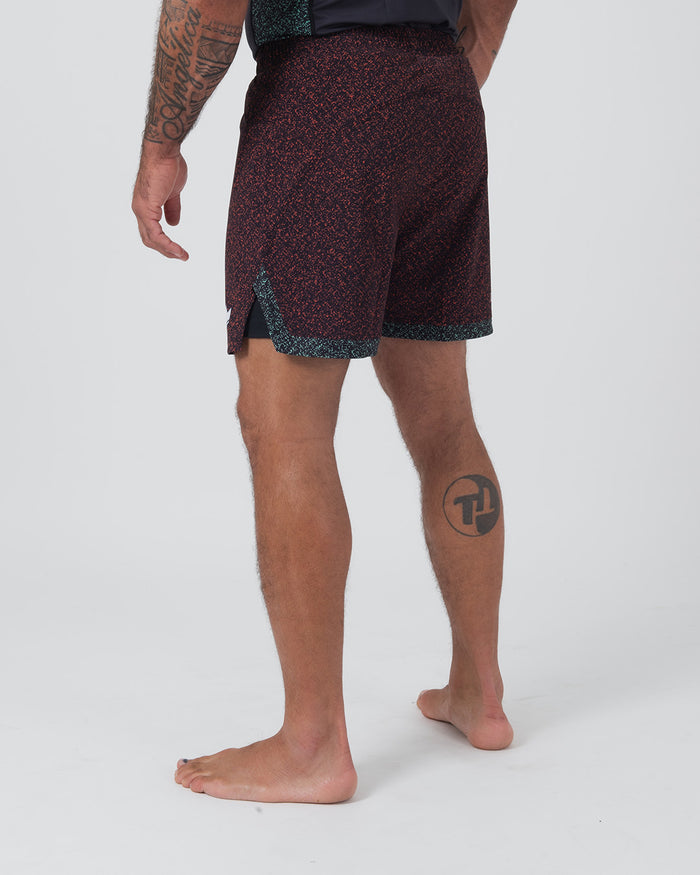 Kingz Hybrid Shorts Noise Red - Full Body Left-Back Side Profile Male Athlete Dark Burgundy Red Noise Pattern Inner Compression Shorts Dark Hem Visible Tattooed Athlete Men's Grappling Shorts No-Gi BJJ [color:Noise Red]