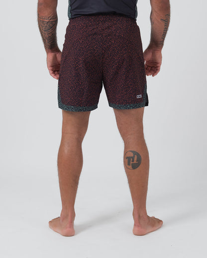 Kingz Hybrid Shorts Noise Red - Full Body Back View Male Athlete Dark Burgundy Red Noise Pattern KINGZ Badge Center Back Inner Compression Shorts Dark Hem Visible Men's Grappling Shorts No-Gi BJJ [color:Noise Red]