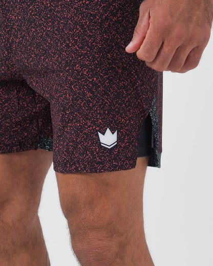 Kingz Hybrid Shorts Noise Red - Full Body Right-Back Side Profile Alternate Stance Male Athlete Dark Burgundy Red Noise Pattern KINGZ Badge Right Side Teal Inner Compression Shorts Black Side Panels Men's Grappling Shorts No-Gi BJJ [color:Noise Red]