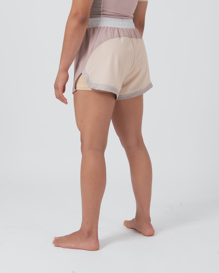 Kingz Hybrid Women's Shorts Terra Soil - Full Body Left-Back Side Profile Female Athlete Two-Tone Color Block Dusty Rose Front Panel Cream Sand Back Panel Gray Trim White Waistband Women's Grappling Shorts No-Gi BJJ [color:Baby Pink]