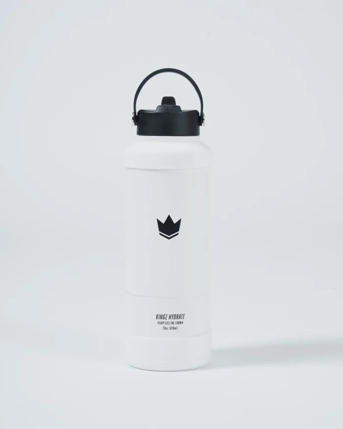 Kingz Hydrate Bottle White - Front View Black Crown Logo Centered Black Lid Handle Minimalist Design Accessories BJJ Training MMA [color:Black]