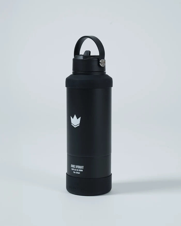 Kingz Hydrate Bottle Black - Angled View Black Bottle White Crown Logo Black Cap Durable Design Accessories Training MMA [color:Black]