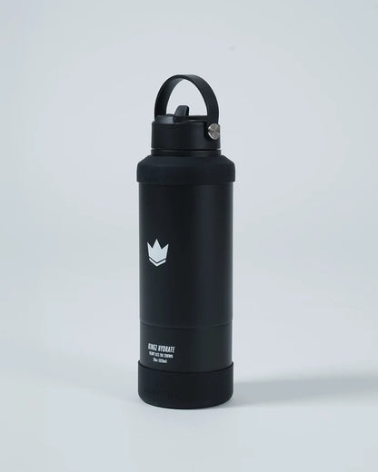 Kingz Hydrate Bottle Black - Angled View Black Bottle White Crown Logo Black Cap Durable Design Accessories Training MMA [color:Black]