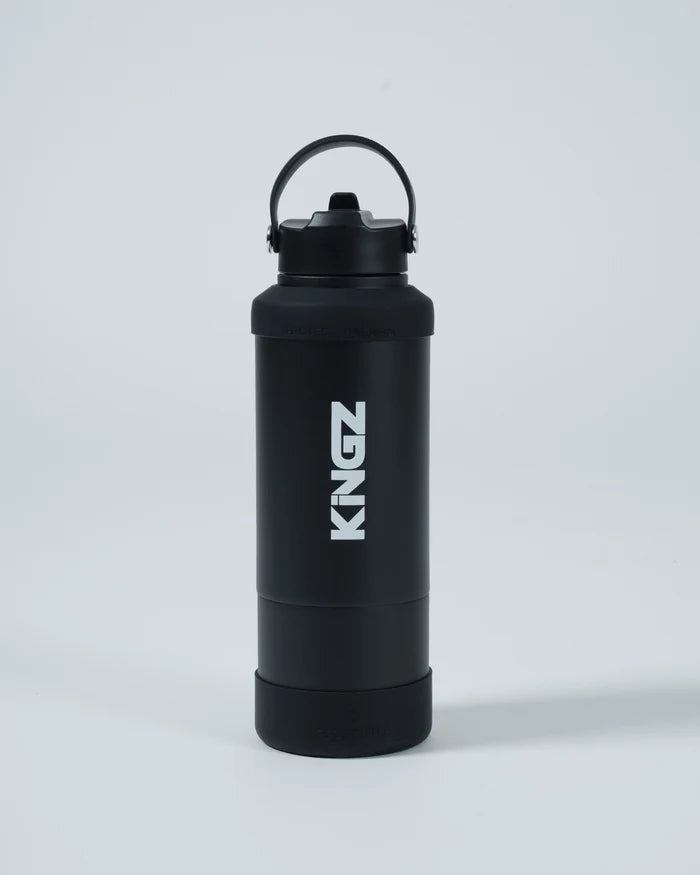 Kingz Hydrate Bottle Black - Front View Black Bottle White KINGZ Logo Centered Sturdy Handle Sleek Design Durable Material Accessories Training MMA [color:Black]