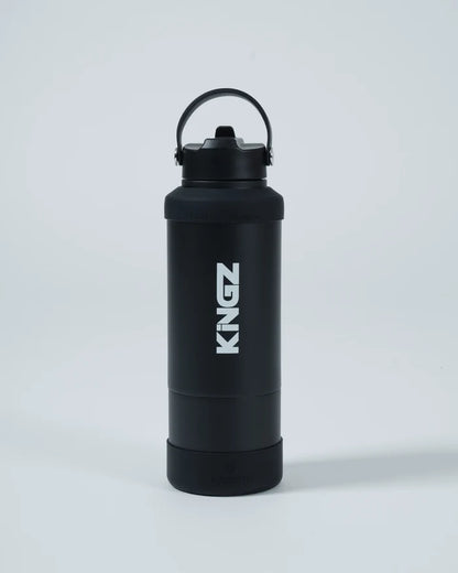 Kingz Hydrate Bottle Black - Front View Black Bottle White KINGZ Logo Centered Sturdy Handle Sleek Design Durable Material Accessories Training MMA [color:Black]