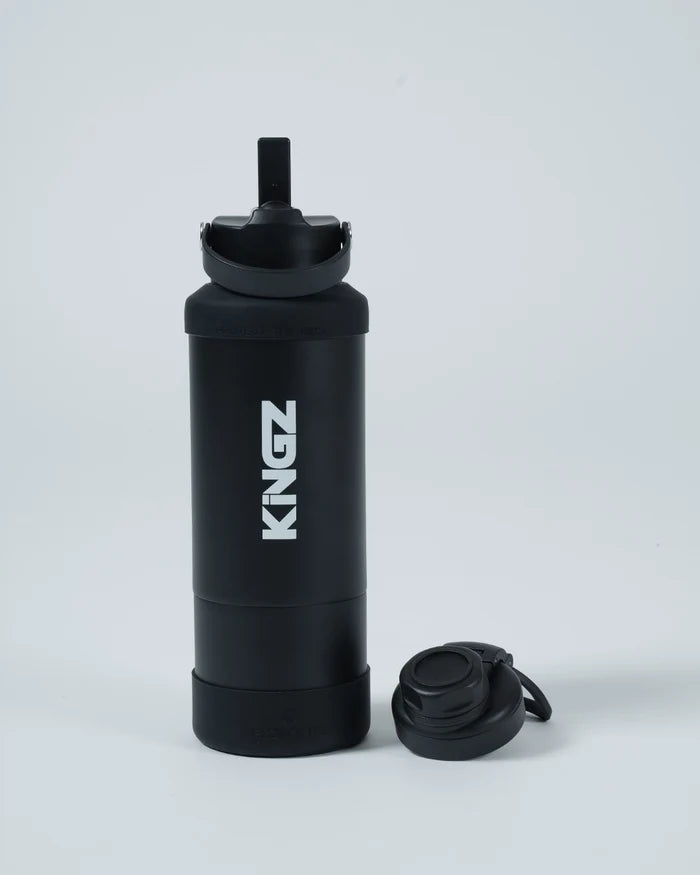 Kingz Hydrate Bottle Black - Front View Black Bottle White KINGZ Vertical Text Removable Lid Durable Design Accessories Training MMA [color:Black]