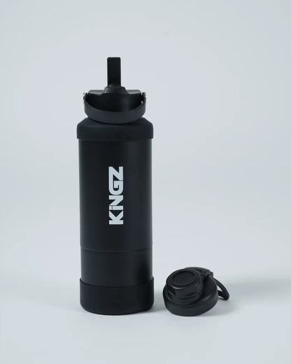 Kingz Hydrate Bottle Black - Front View Black Bottle White KINGZ Vertical Text Removable Lid Durable Design Accessories Training MMA [color:Black]