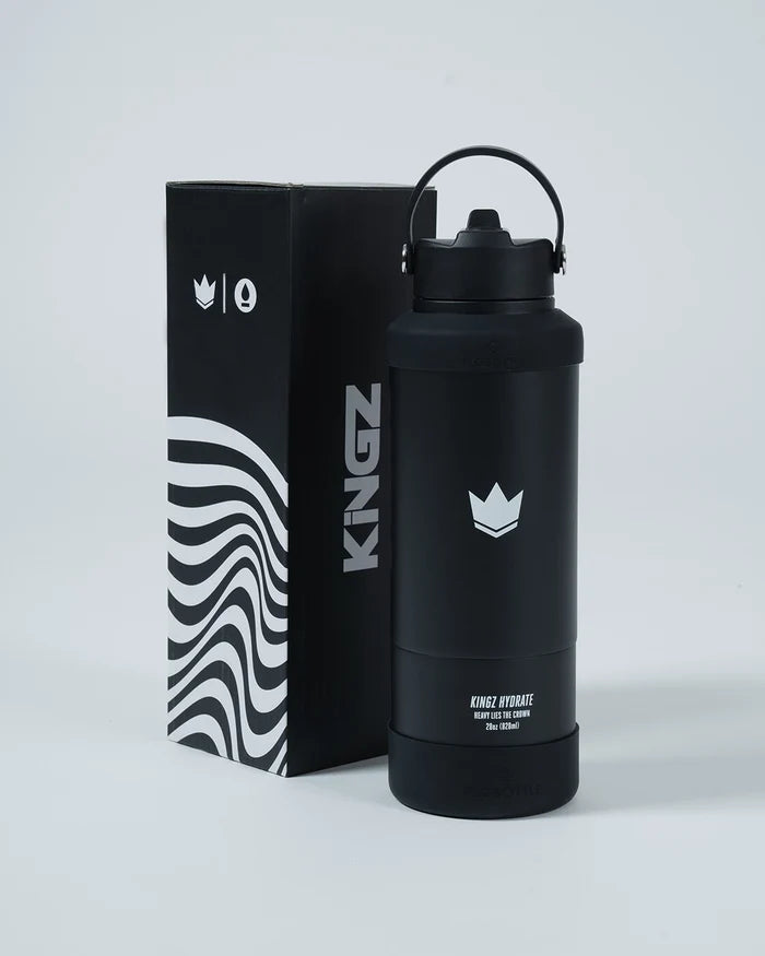 Kingz Hydrate Bottle Black - Product and Box Front View Black Bottle White Crown Logo KINGZ Text Vertical Black and White Wave Pattern Box Design Accessories BJJ Training [color:Black]